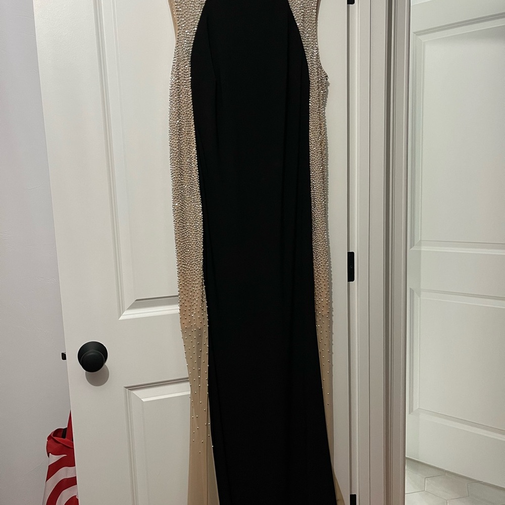 Xscape Black and Tan Halter Sheath Maxi Dress